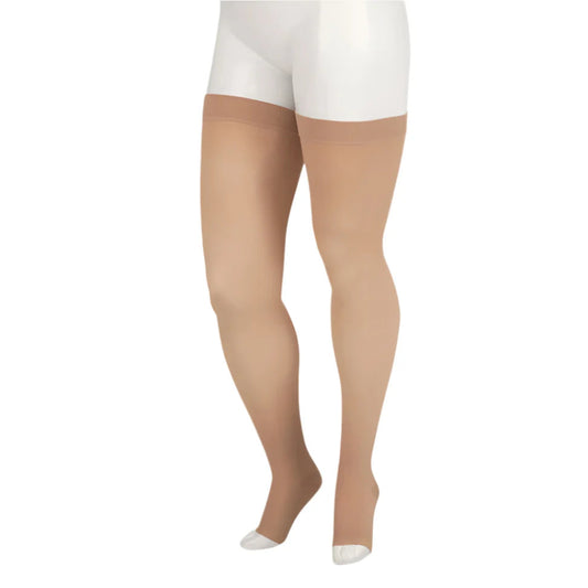 Juzo 2001 Soft Open Toe Thigh Highs 20-30 mmHg - Beige compression thigh high stockings with open toe