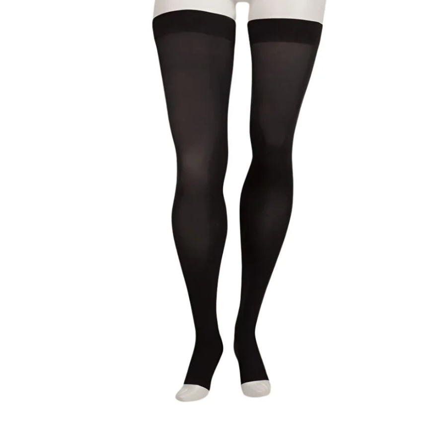 Black sheer thigh-high stockings worn on a white mannequin lower body against a plain white background.