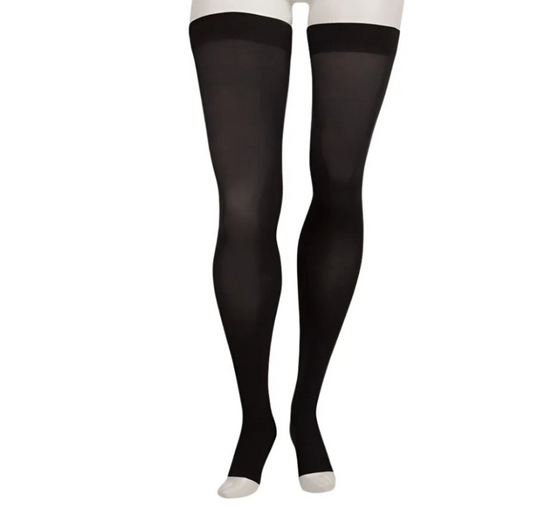 Juzo 2001 Soft Open Toe Thigh Highs 20-30 mmHg - Black sheer thigh-high stockings worn on a white mannequin lower body against a plain white background.
