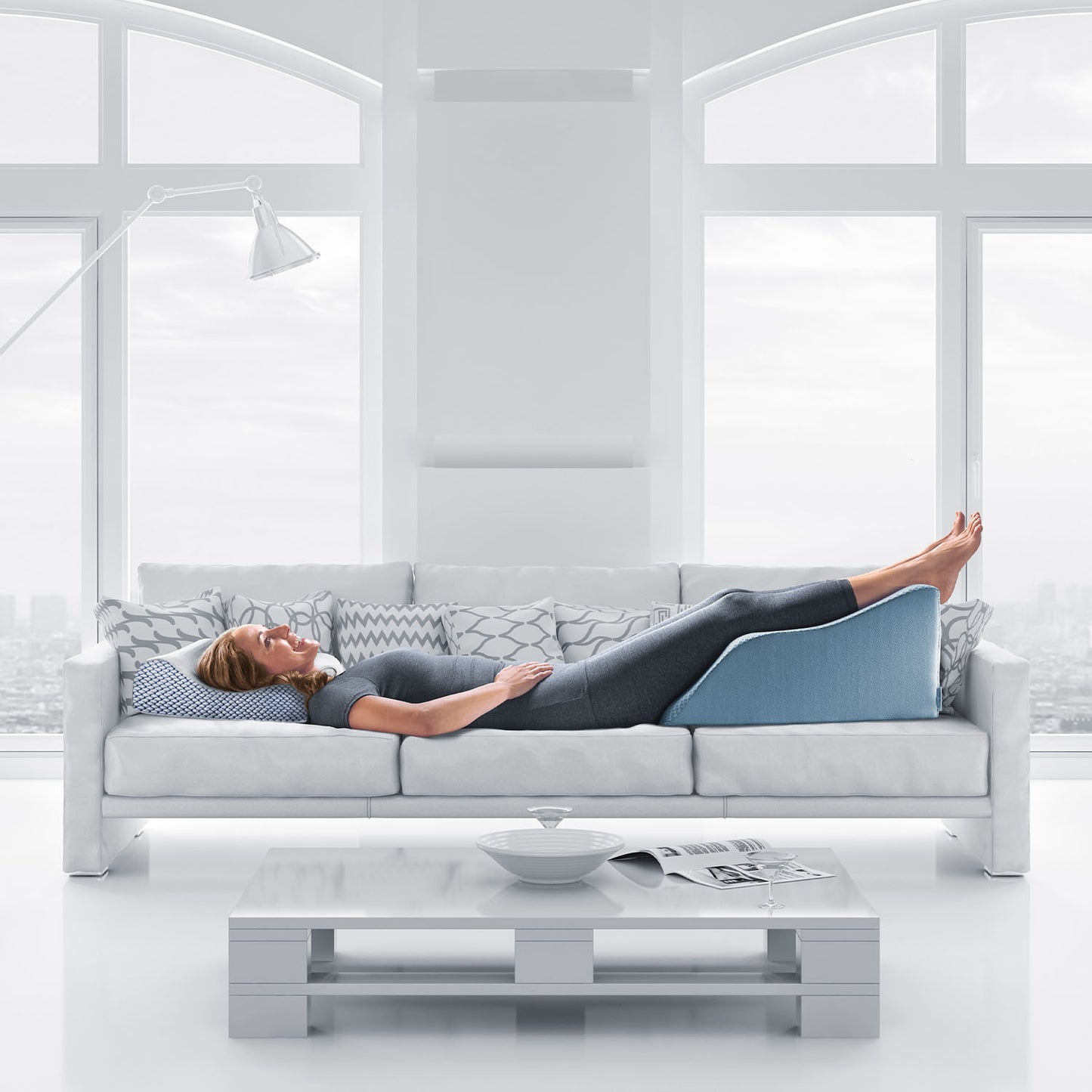 Lounge Doctor Leg Rest Blue  In use on couch