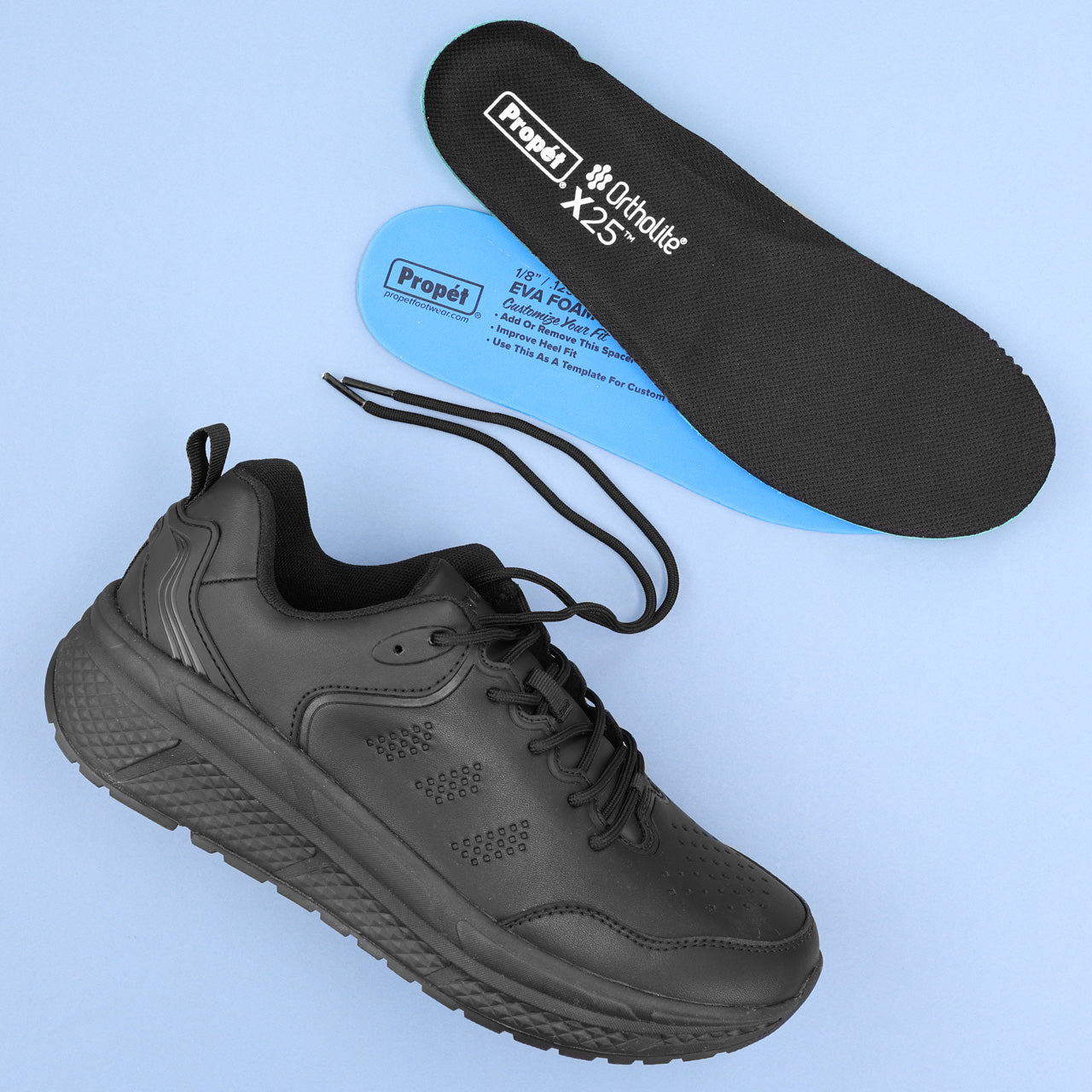 Propet Men's Ultra Leather Sneaker Black Sneaker with laces Side view with laces and removable footbed