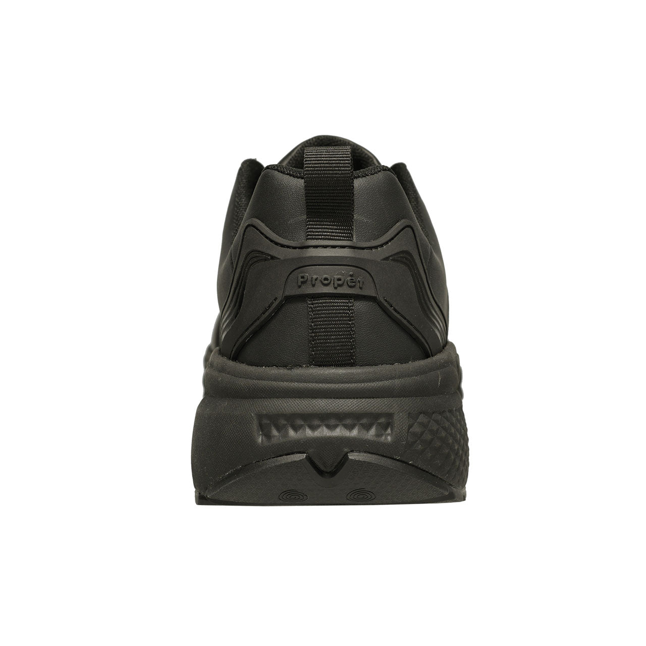 Propet Men's Ultra Leather Sneaker Black Sneaker with laces heel view with propet logo