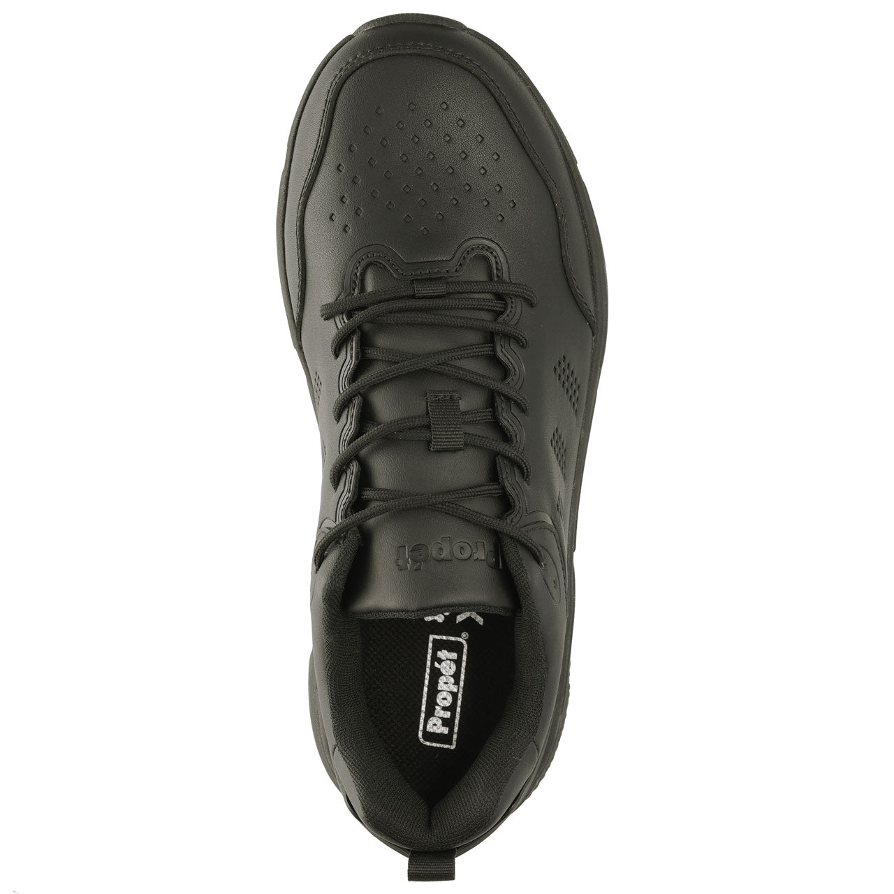 Propet Men's Ultra Leather Sneaker Black Sneaker with laces Top view of laces.