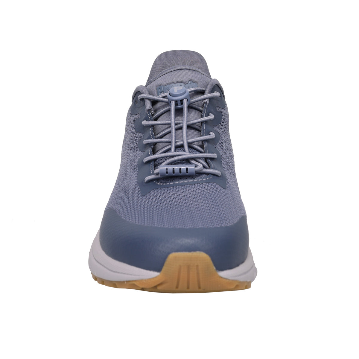 Blue athletic shoe with a brown sole on a white background