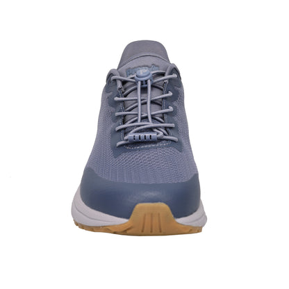 Blue athletic shoe with a brown sole on a white background