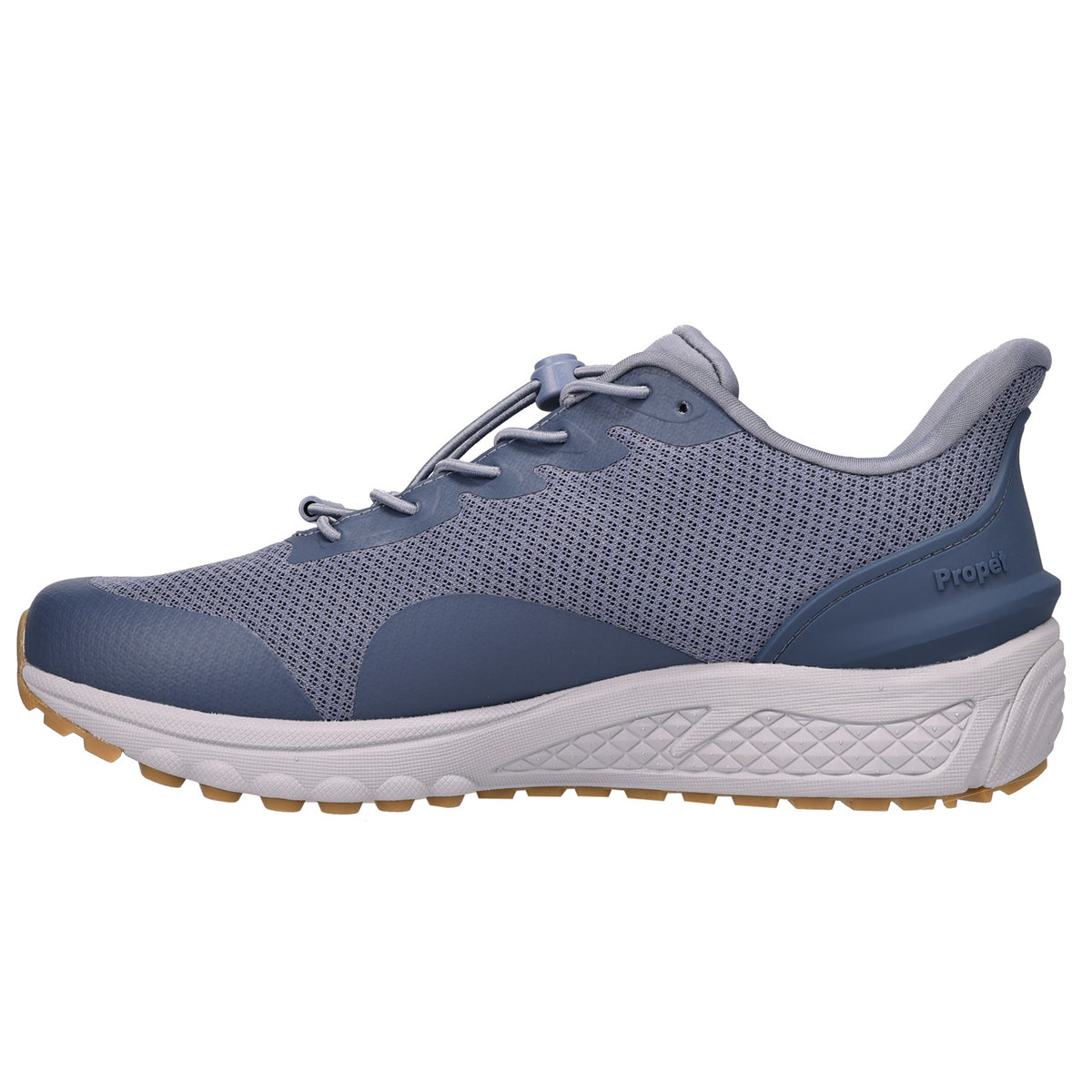 Blue athletic shoe with white sole on a white background