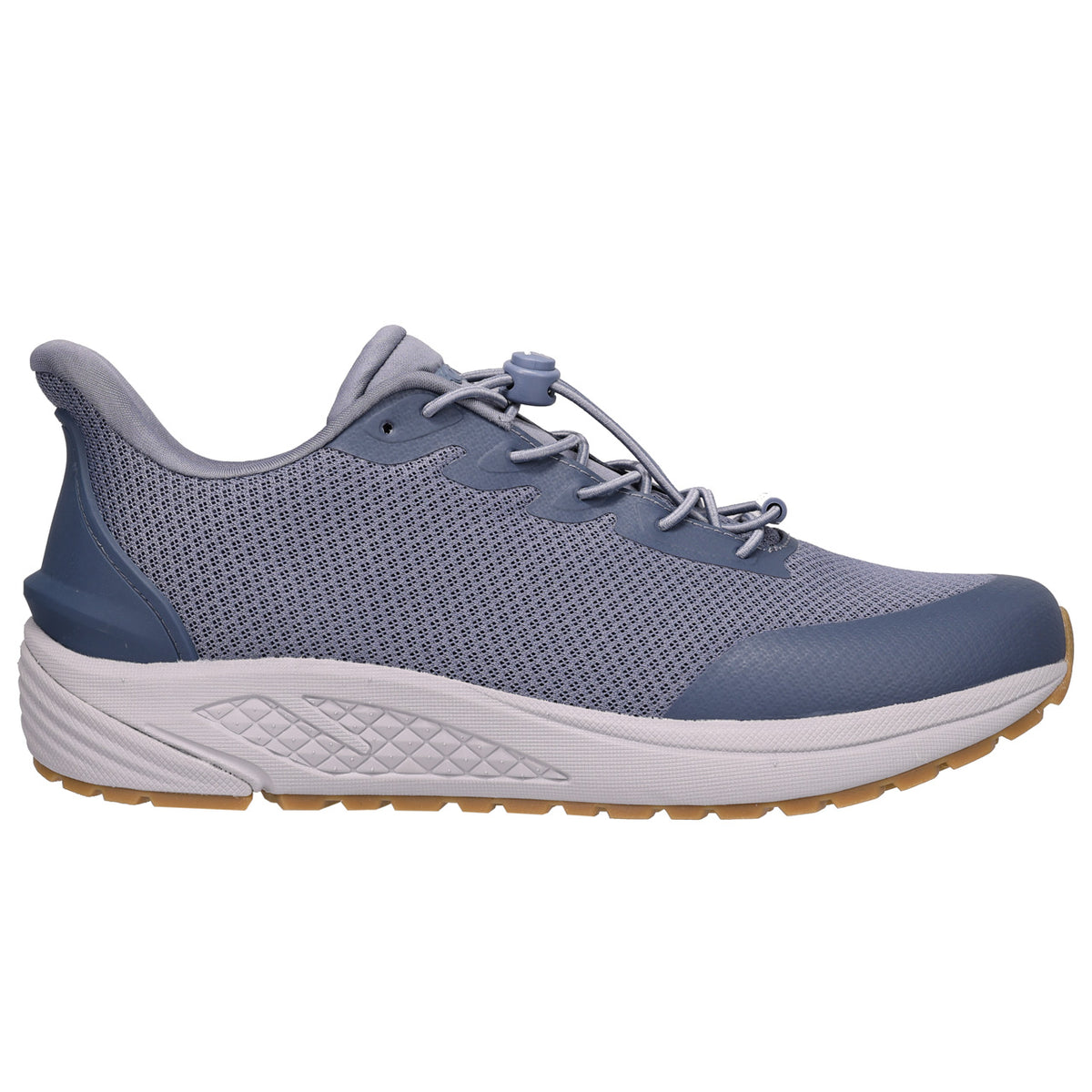Blue athletic shoe with white sole on a white background