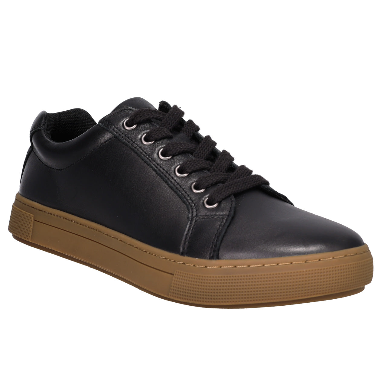 A black leather low-top sneaker with black laces and a thick brown gum sole, shown from a three-quarters angle on a white background.