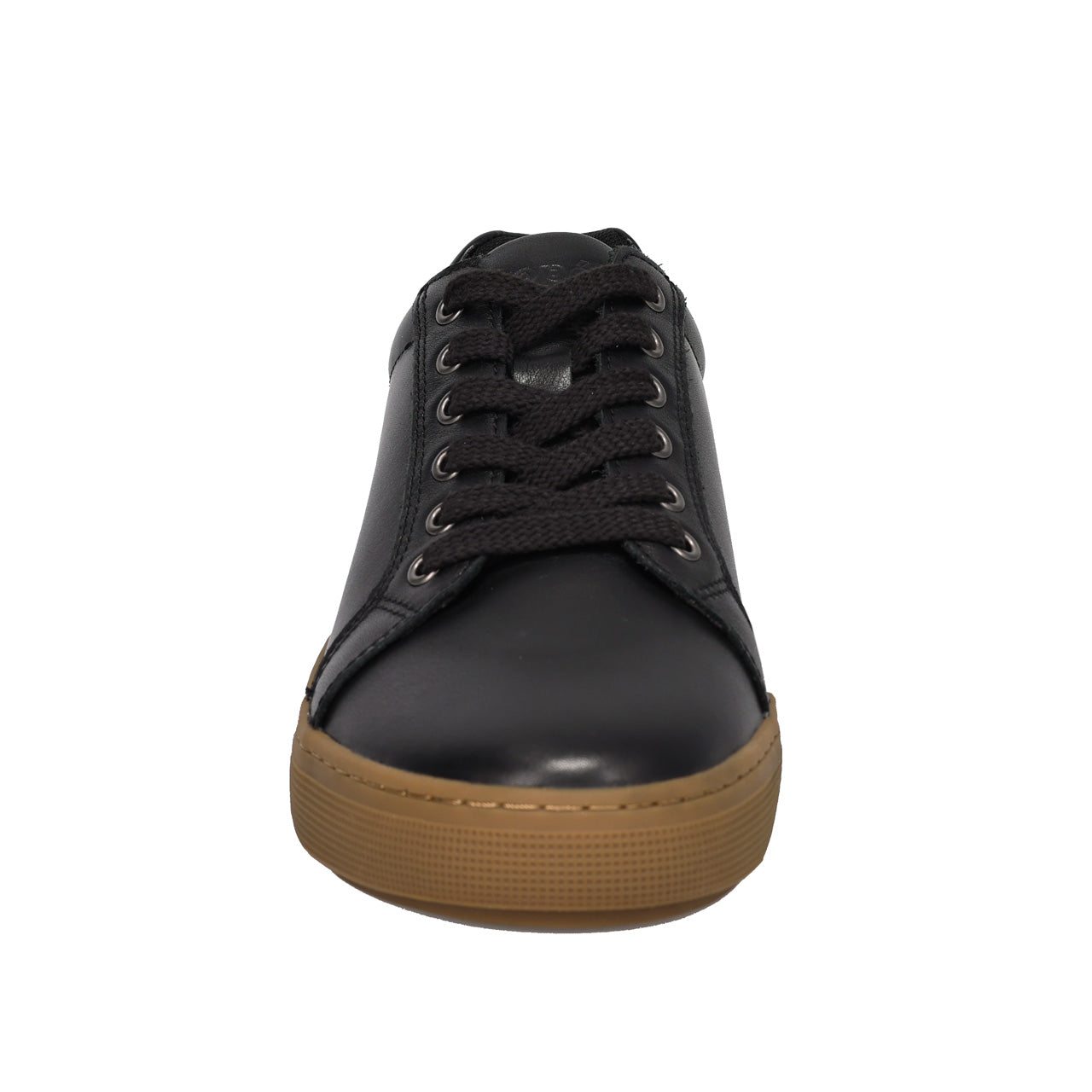 A black leather low-top sneaker with black laces and a tan gum sole, shown from a front-facing perspective on a white background.