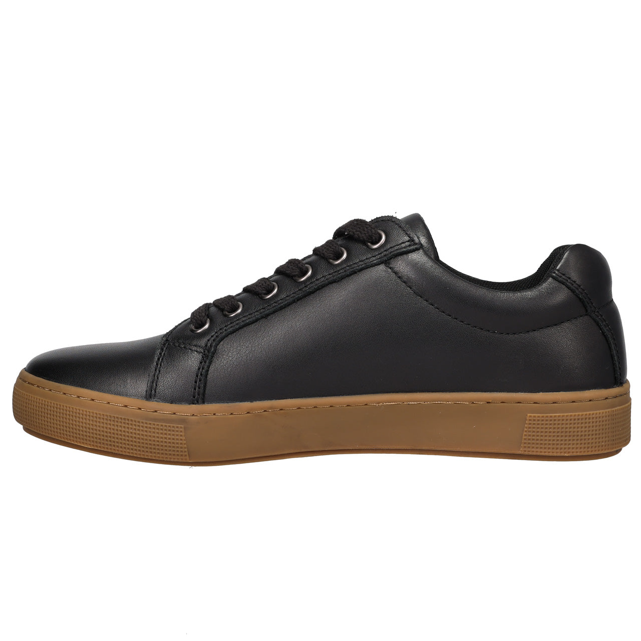 A black leather low-top sneaker with black laces and a tan gum sole, shown in a side profile view against a plain white background.