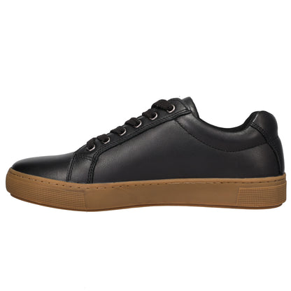 A black leather low-top sneaker with black laces and a tan gum sole, shown in a side profile view against a plain white background.
