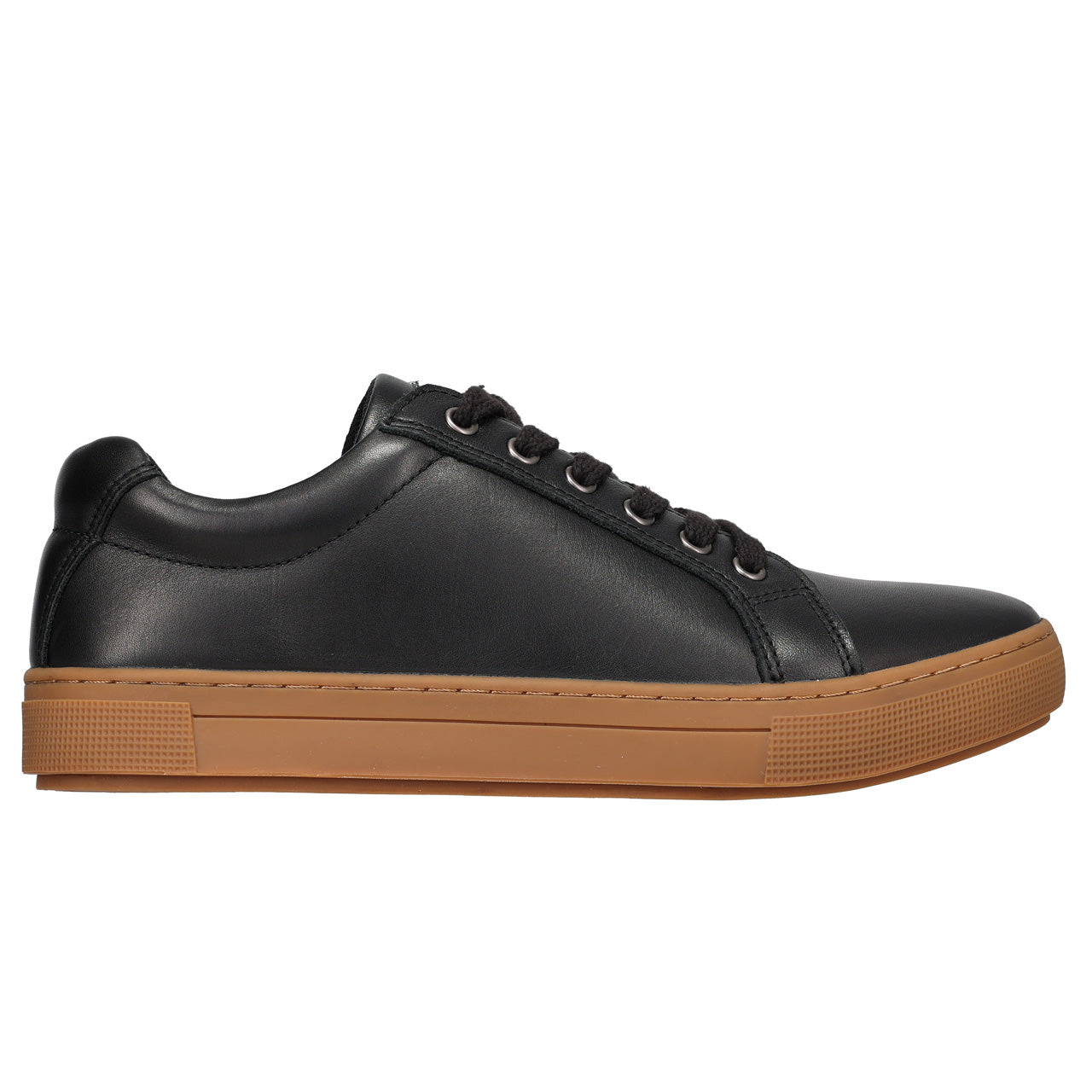 A black leather low-top sneaker with black laces and a thick brown gum sole, shown in a side profile on a white background.
