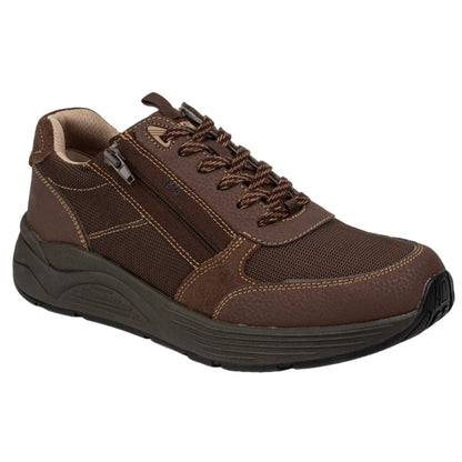A brown low-top athletic sneaker with a mesh and suede upper, matching brown laces, a side zipper, and a thick black sole, shown on a white background.