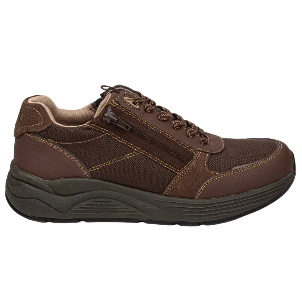 A brown low-top sneaker with a side zipper, brown laces, and a thick dark gray sole, shown from a side profile on a white background.