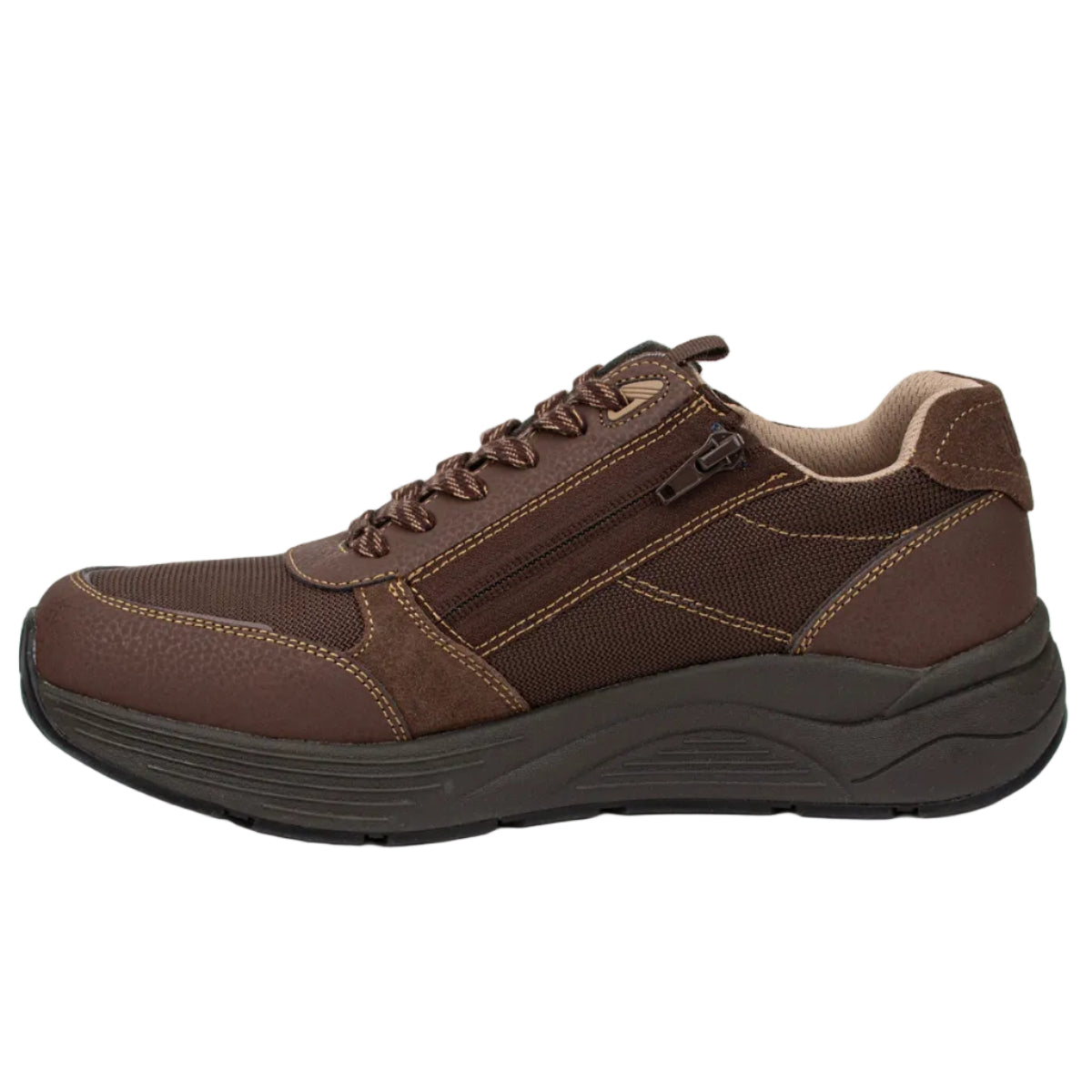 Brown sneaker with zipper and laces side view 