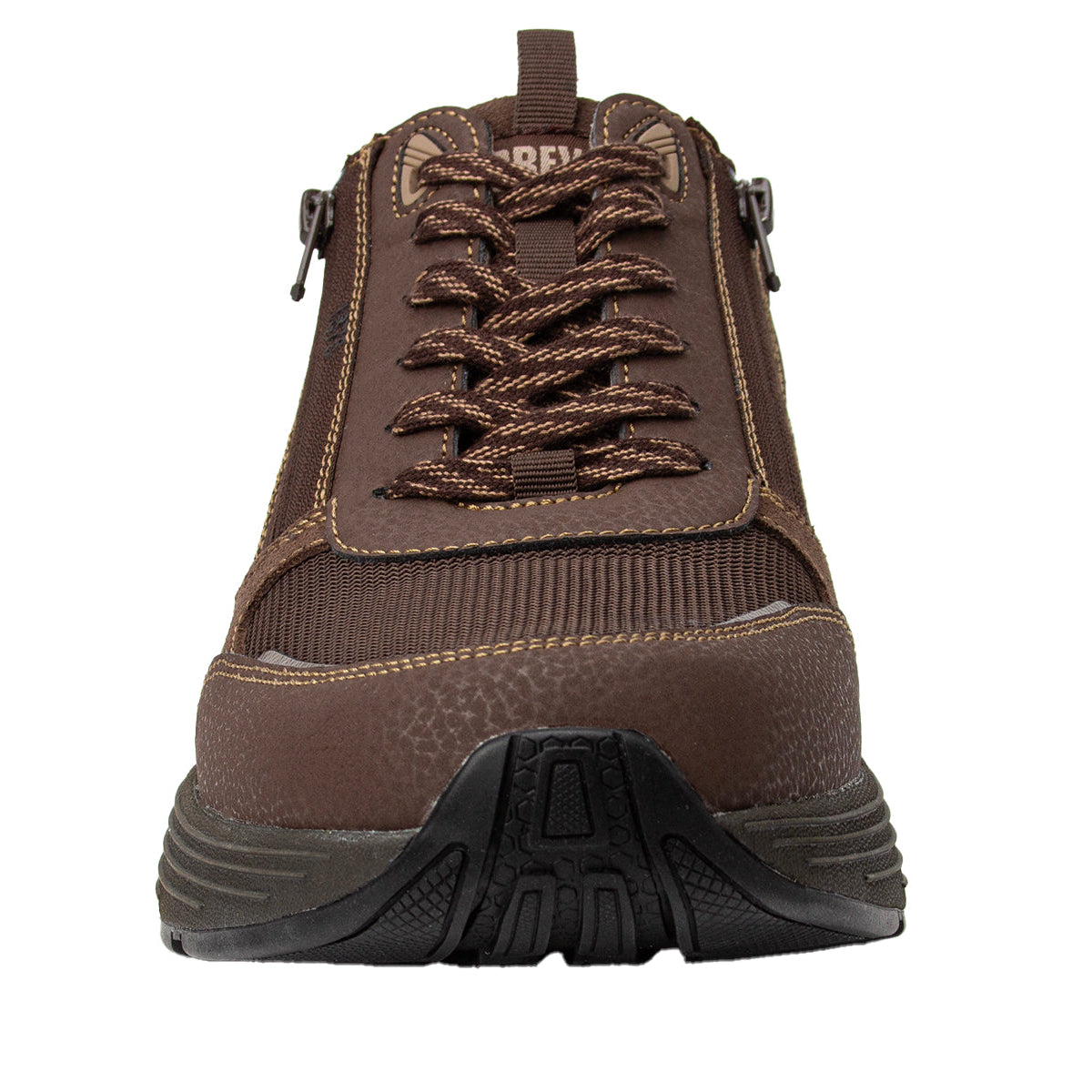 A brown lace-up ankle boot with a black rugged sole, shown from a front-facing perspective on a solid white background.