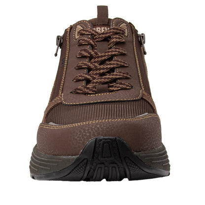 A brown lace-up ankle boot with a black rugged sole, shown from a front-facing perspective on a solid white background.