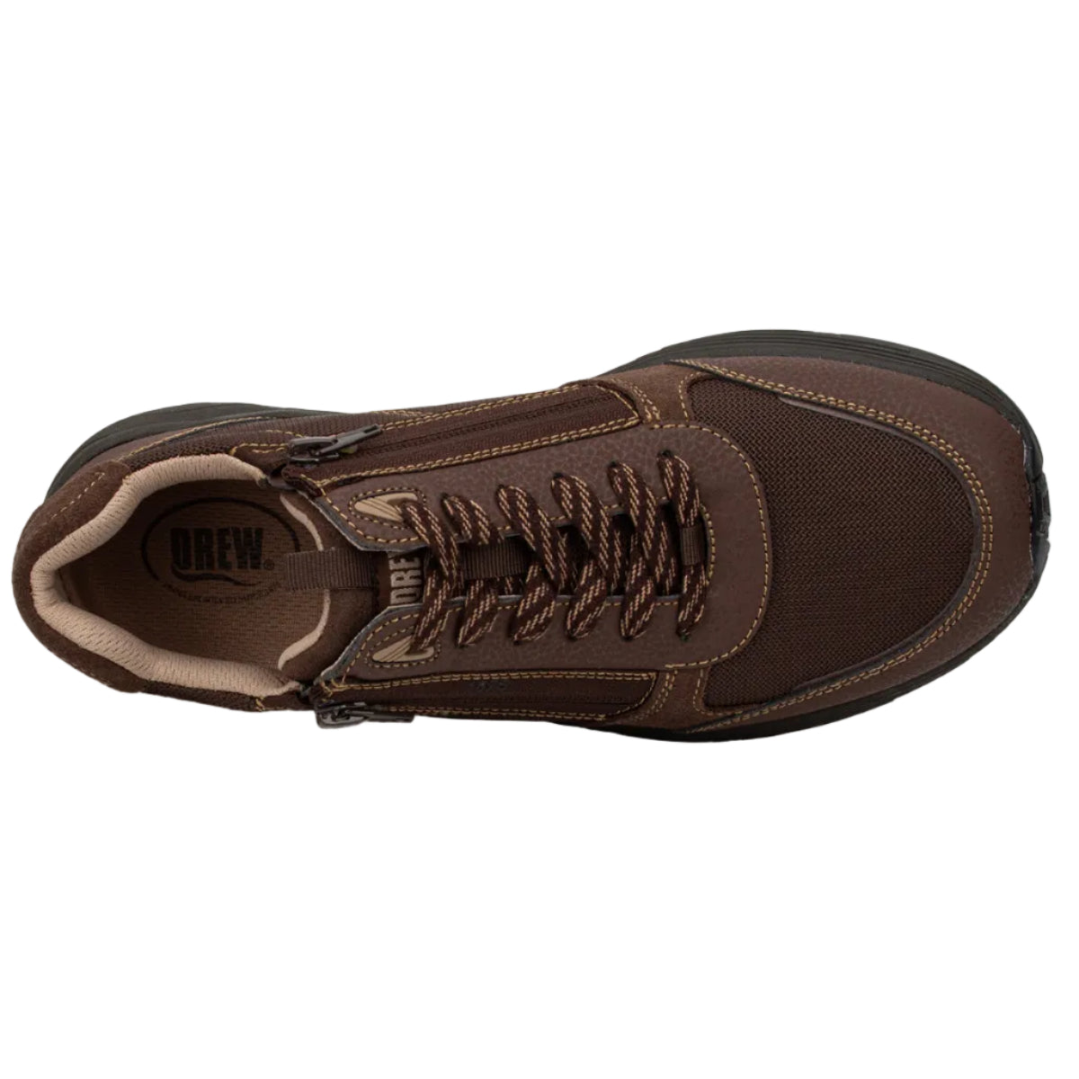 A dark brown lace-up shoe with a side zipper, shown from a top-down view on a white background. The brand name 'DREW' is visible on the inner heel area.
