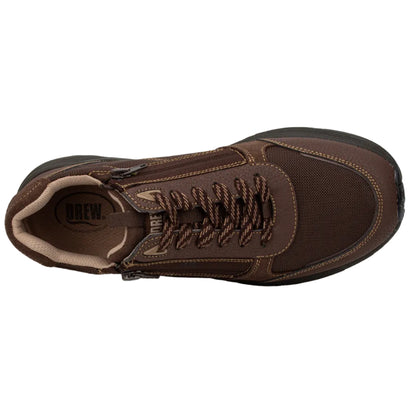 A dark brown lace-up shoe with a side zipper, shown from a top-down view on a white background. The brand name 'DREW' is visible on the inner heel area.