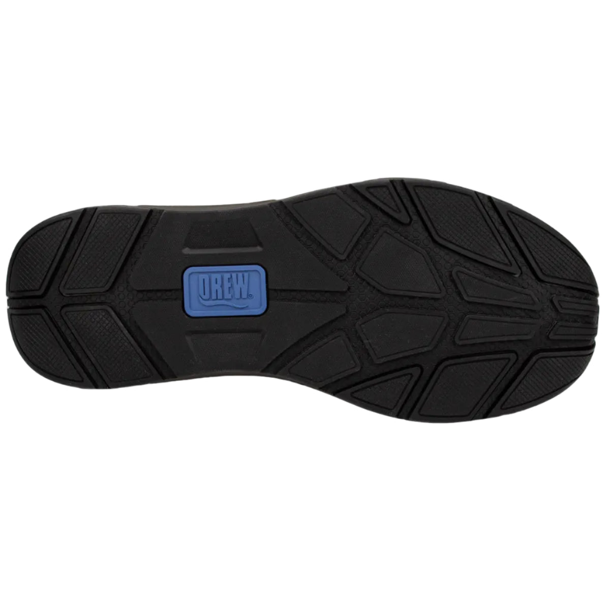 The black rubber outsole of a shoe, featuring a textured tread pattern and a blue rectangular brand patch in the center with the word 'DREW' in white.