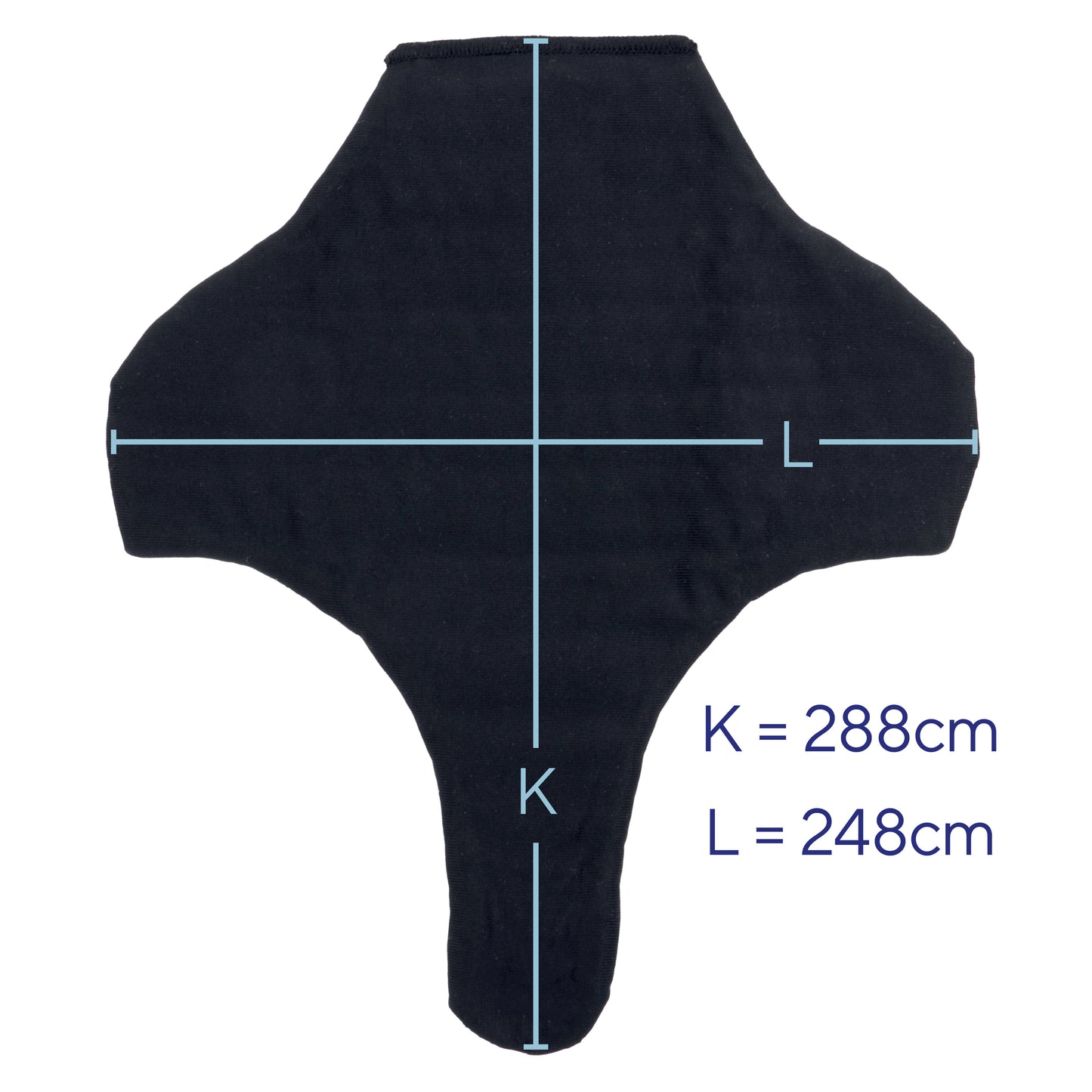 A black garment laid flat on a white background with blue measurement lines and text indicating dimensions K = 288cm and L = 248cm.
