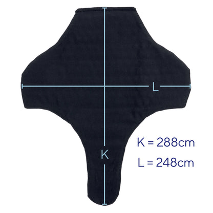 A black garment laid flat on a white background with blue measurement lines and text indicating dimensions K = 288cm and L = 248cm.