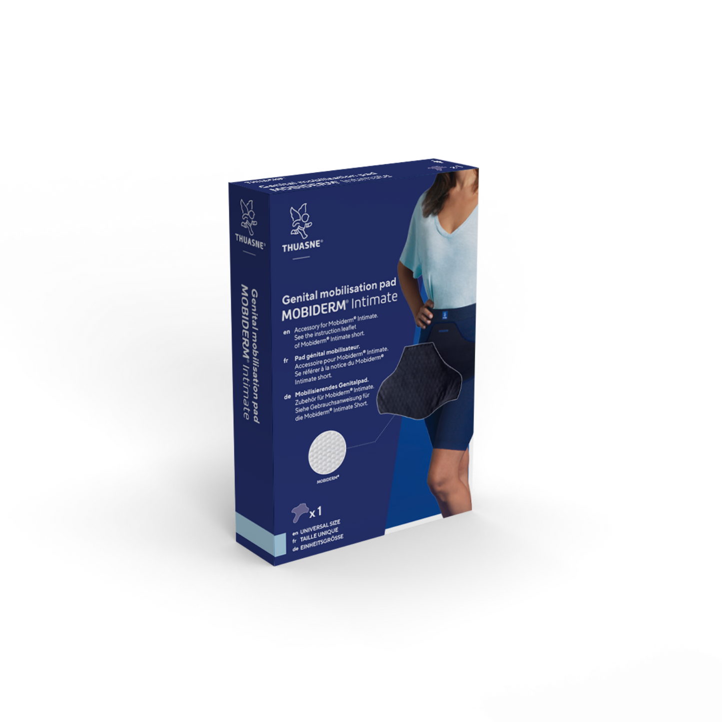Mobiderm Intimate Packaging dark blue with white text and a graphic depicting a model wearing the dark blue pad.