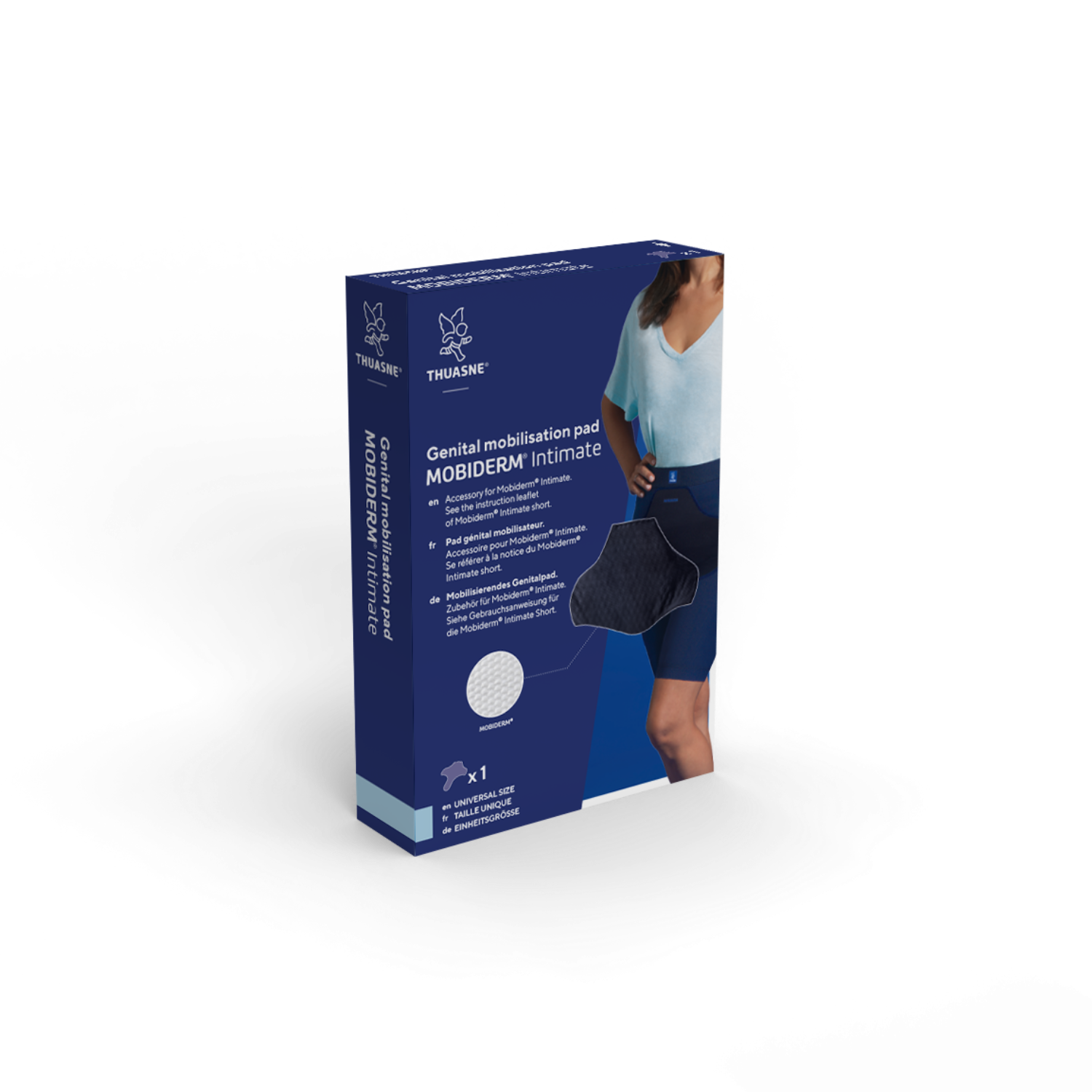 Mobiderm Intimate Packaging dark blue with white text and a graphic depicting a model wearing the dark blue pad.