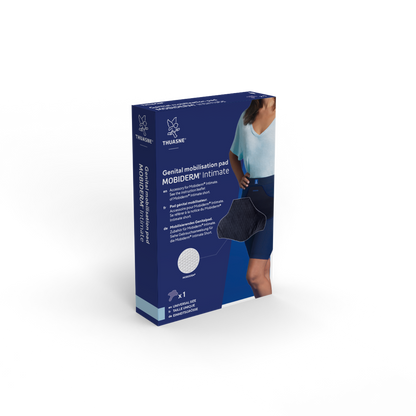 Mobiderm Intimate Packaging dark blue with white text and a graphic depicting a model wearing the dark blue pad.