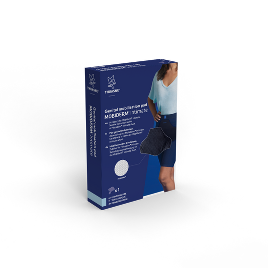 Thuasne Mobiderm Intimate Genital Pad Women - Mobiderm Intimate Packaging dark blue with white text and a graphic depicting a model wearing the dark blue pad.