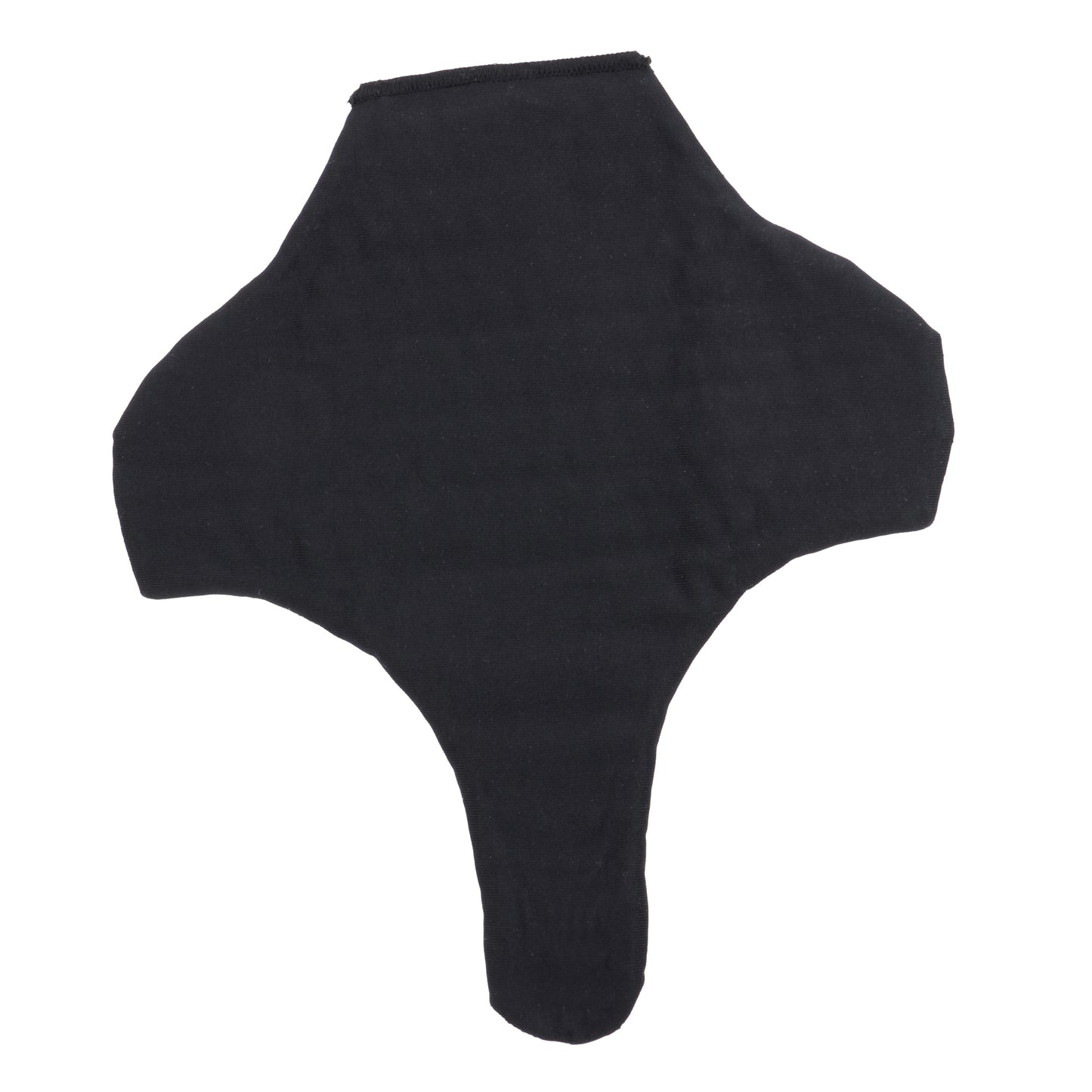 A single black fabric or textile piece with an irregular, asymmetrical shape, photographed flat against a plain white background.