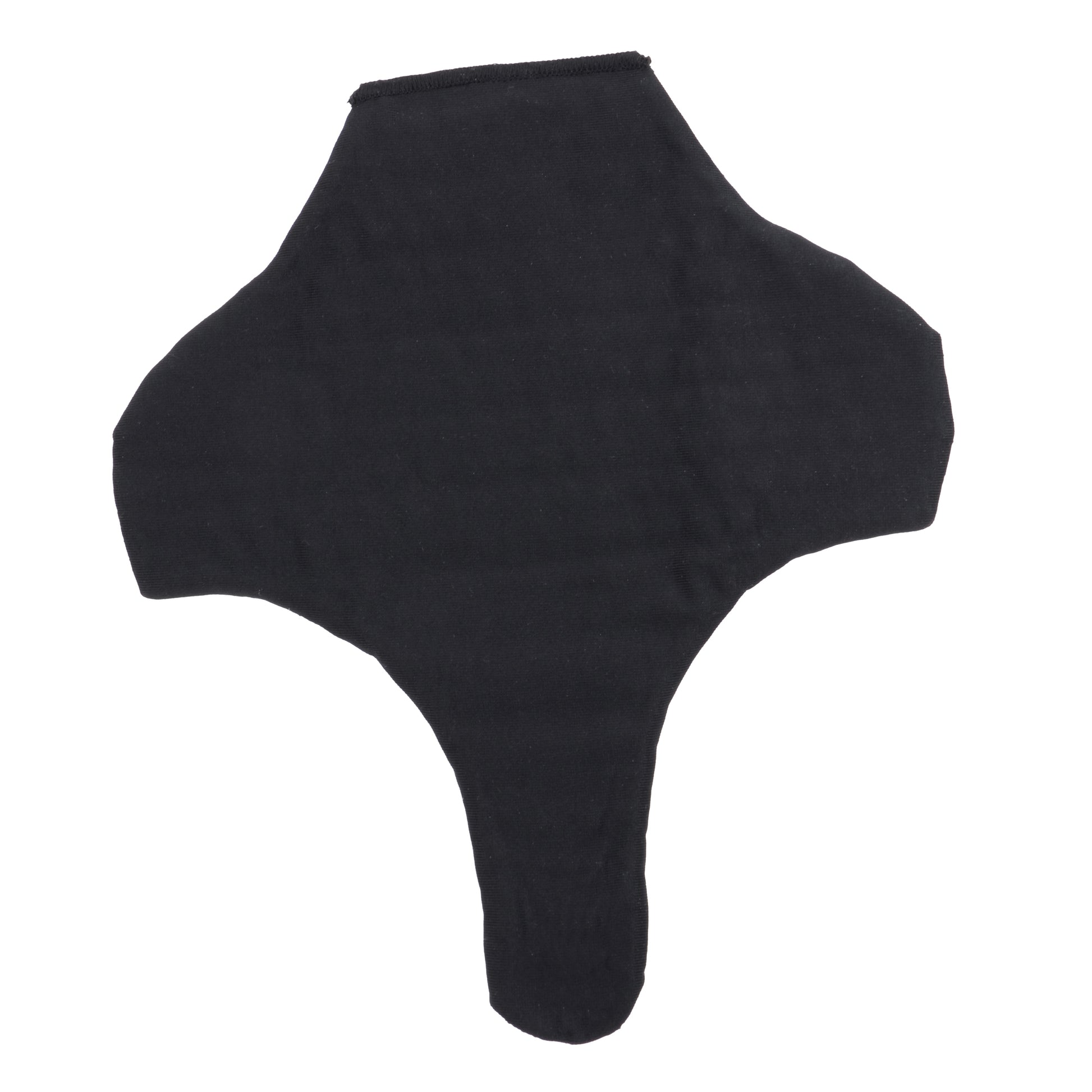A single black fabric or textile piece with an irregular, asymmetrical shape, photographed flat against a plain white background.