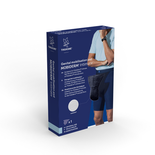 Thuasne Mobiderm Intimate Genital Pad Men - A boxed product labeled 'Safeway' and 'Calf compression stockings' shown upright on a plain white background. The package is predominantly dark blue with a photo of a person wearing dark compression stockings.