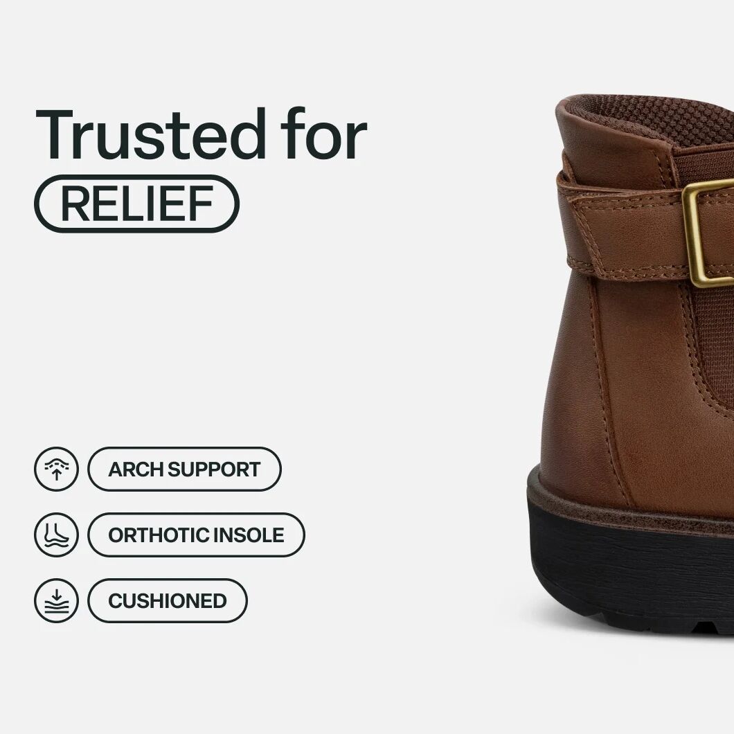 Brown boot with arch support and orthotic insole features on a white background