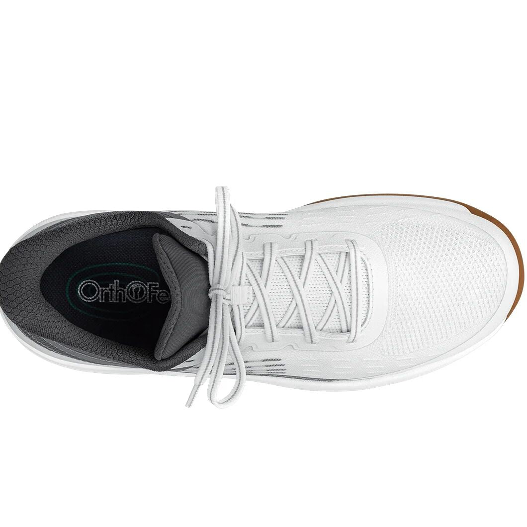 White athletic shoe with laces on a white background