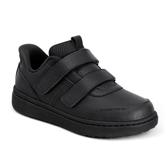OrthoFeet Women's Maple Medical Double Depth Leather Shoe - A black low-top casual sneaker with two wide hook-and-loop strap closures, a textured synthetic upper, and a thick black sole, shown on a plain white background.
