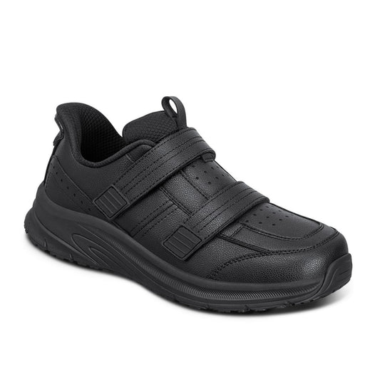 Orthofeet Men's Oak Medical Double Depth Leather Shoe - A black shoe with two hook-and-loop straps, a textured synthetic upper, and a thick black sole, shown from a three-quarters angle on a white background.