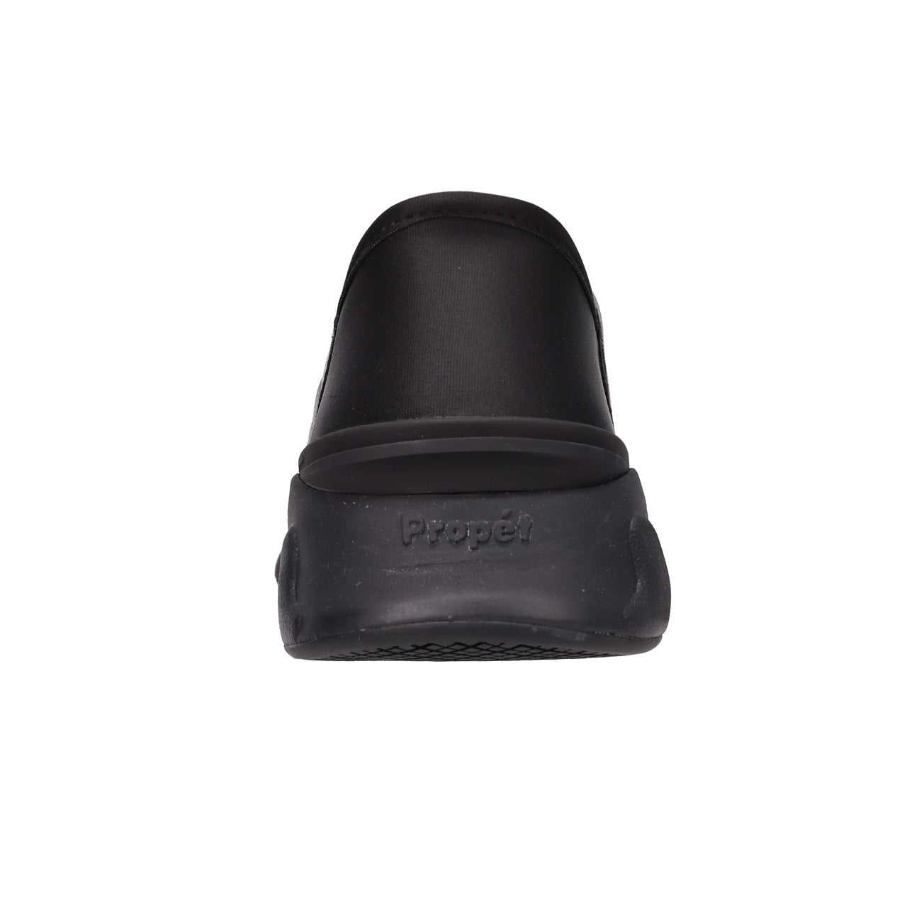 A single black slip-on clog shoe shown from a rear three-quarter view against a plain white background, with the brand name 'Propel' embossed on the sole.