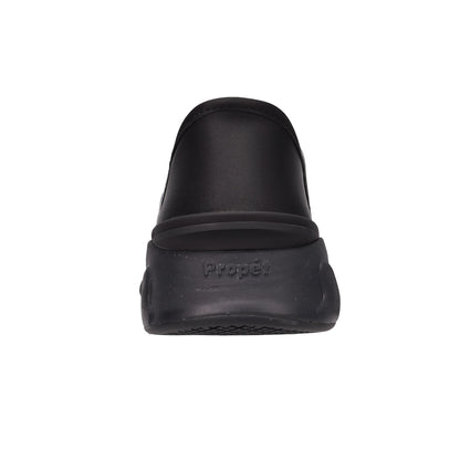 A single black slip-on clog shoe shown from a rear three-quarter view against a plain white background, with the brand name 'Propel' embossed on the sole.