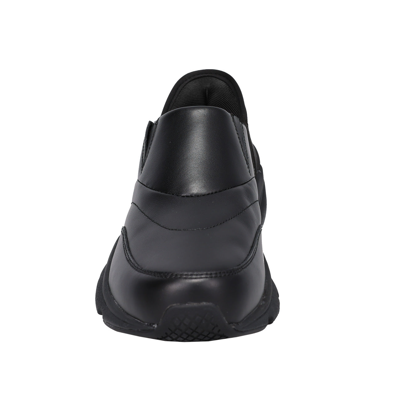A black slip-on work shoe shown from a rear three-quarter view against a plain white background.