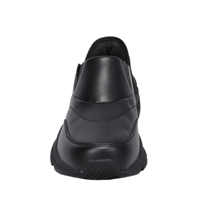 A black slip-on work shoe shown from a rear three-quarter view against a plain white background.