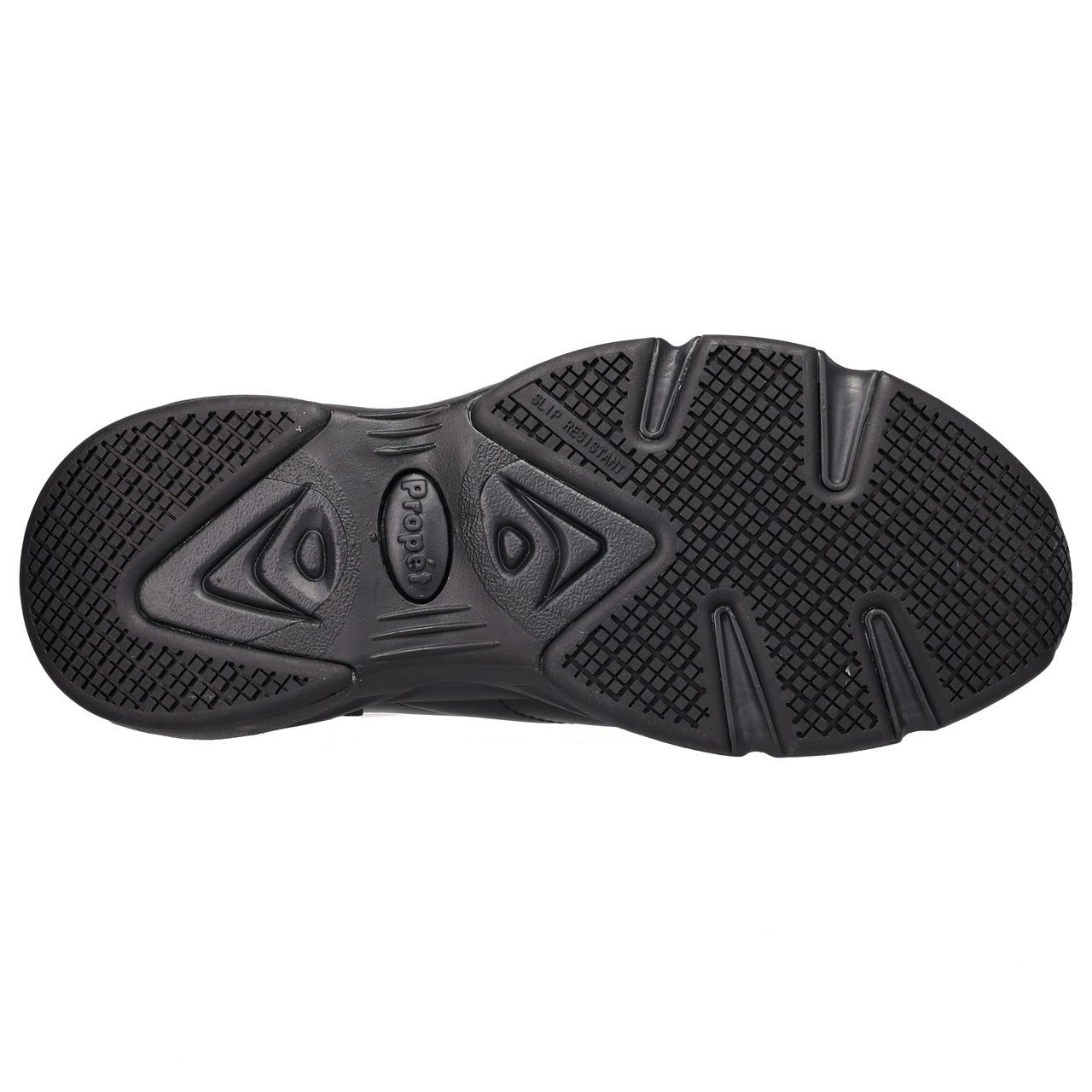 Black textured shoe sole viewed from above on a plain white background.