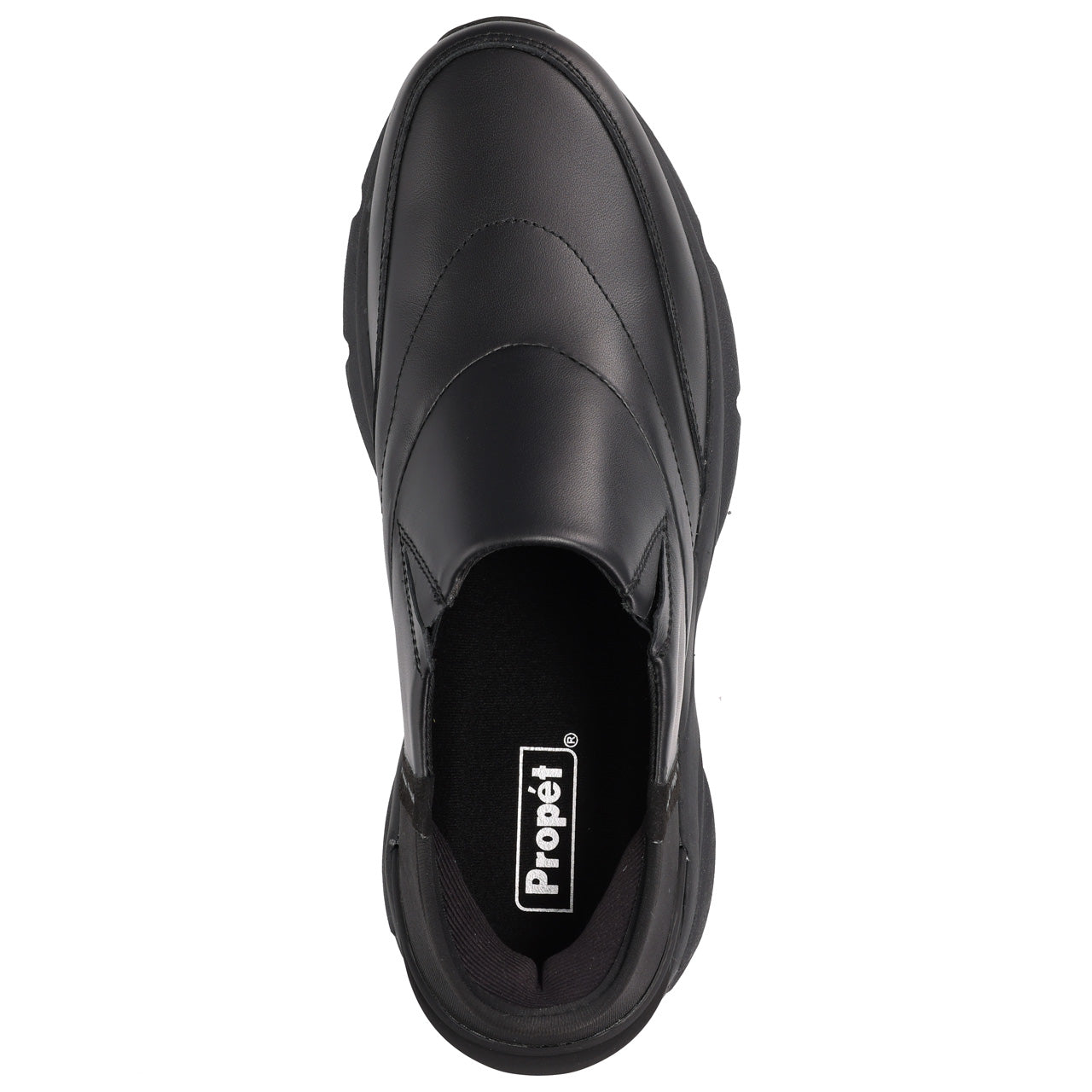 A black slip-on shoe shown from a top-down view on a plain white background, with the Propét brand name visible on the inner sole.