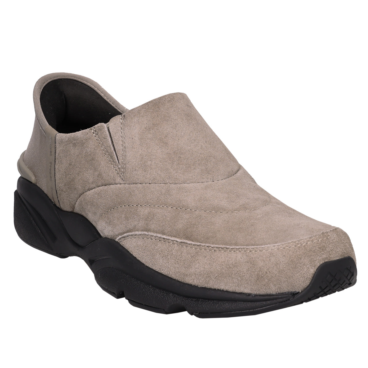 A slip-on casual shoe in taupe suede with a chunky black sole, shown from a three-quarters angle on a white background.