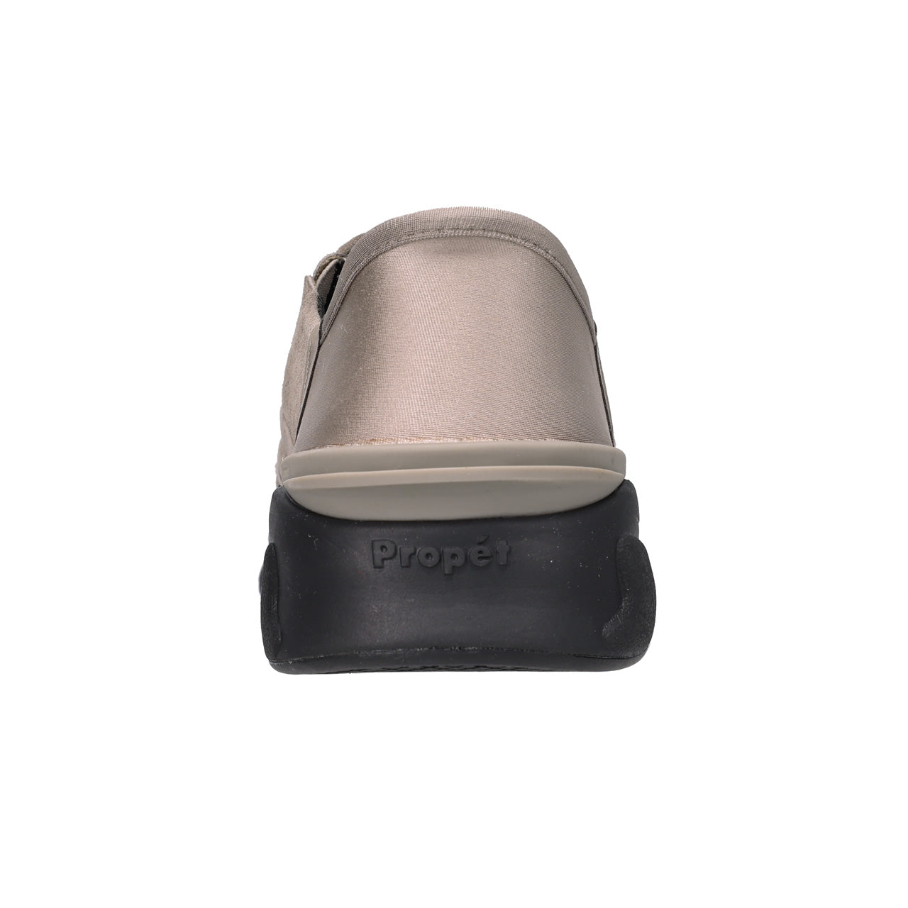A single shoe shown from the back, featuring a metallic taupe upper and a thick black sole with the brand name 'Propet' embossed on it, set against a plain white background.