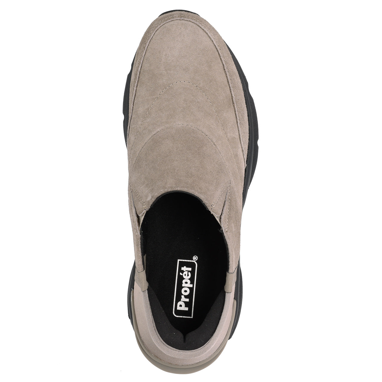 A single Propét slip-on shoe in taupe suede with a black sole and black interior lining, shown from a top-down view on a white background.