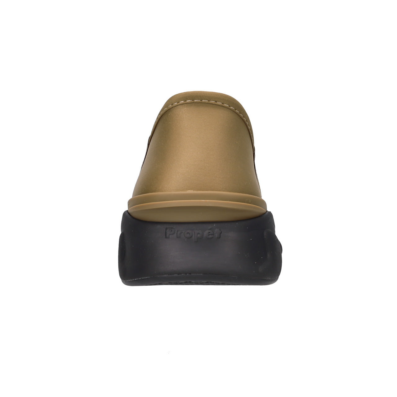A single Propet slip-on shoe shown from the back, featuring a metallic gold upper and a thick black sole, set against a plain white background.