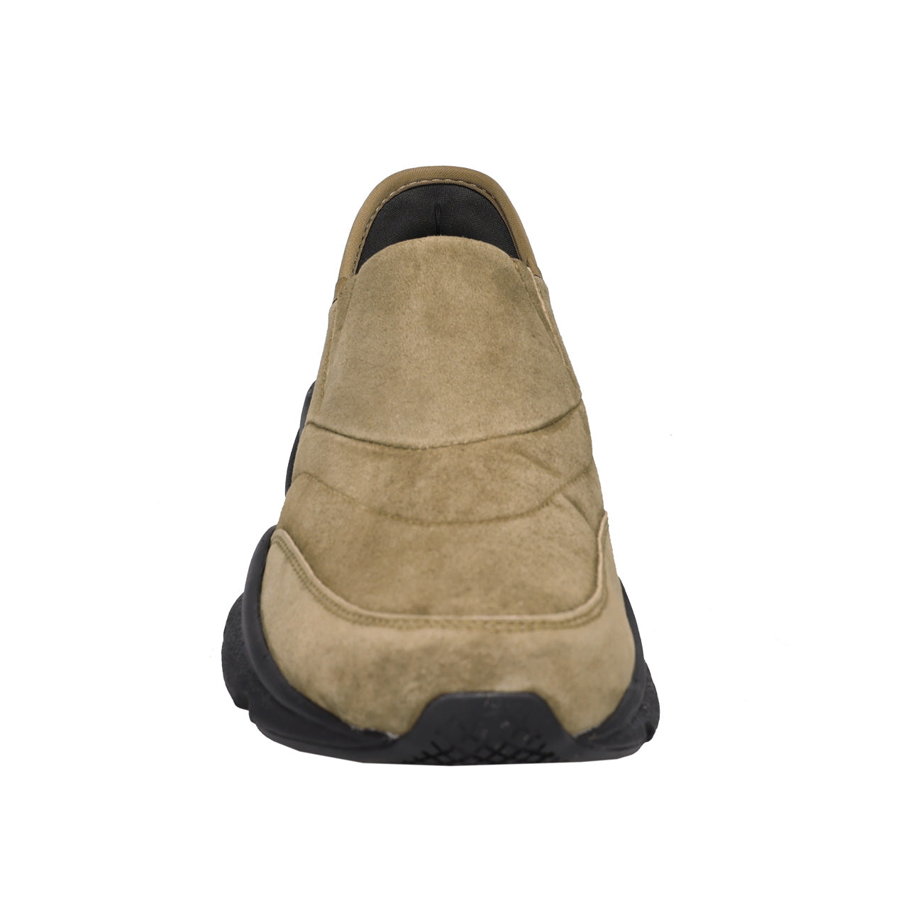 A single slip-on loafer in tan suede with a black sole, shown from a direct front-facing perspective on a solid white background.
