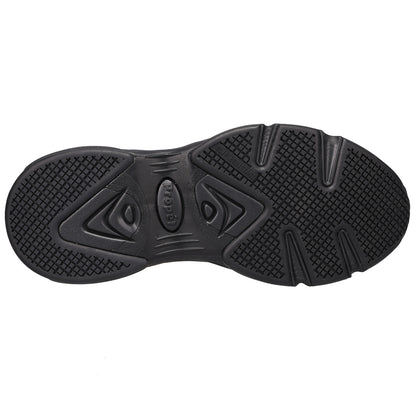 A close-up, top-down view of a black athletic shoe's textured outsole, showing the 'propet' brand embossed in the center, set against a plain white background.