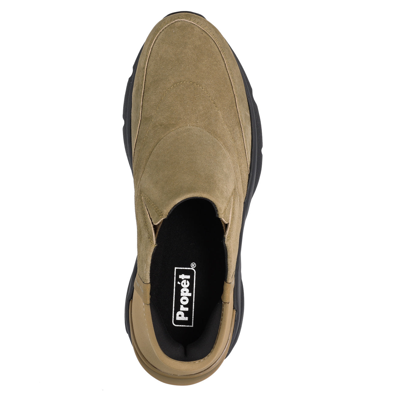 A top-down view of a Propét slip-on shoe in tan suede with a black sole and black interior lining, shown on a solid white background.